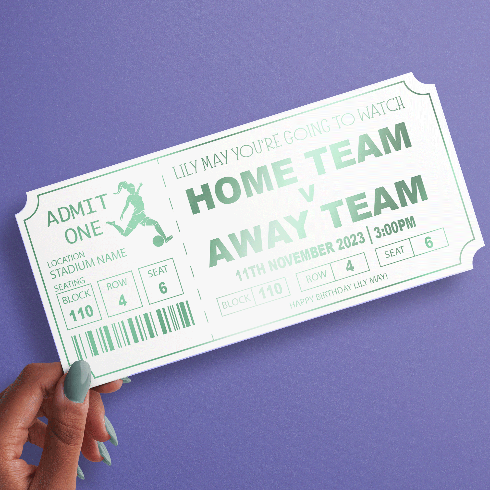 WOMENS FOOTBALL Personalised Foil Ticket Ideal for a Sports Event Trip (FOIL-27)