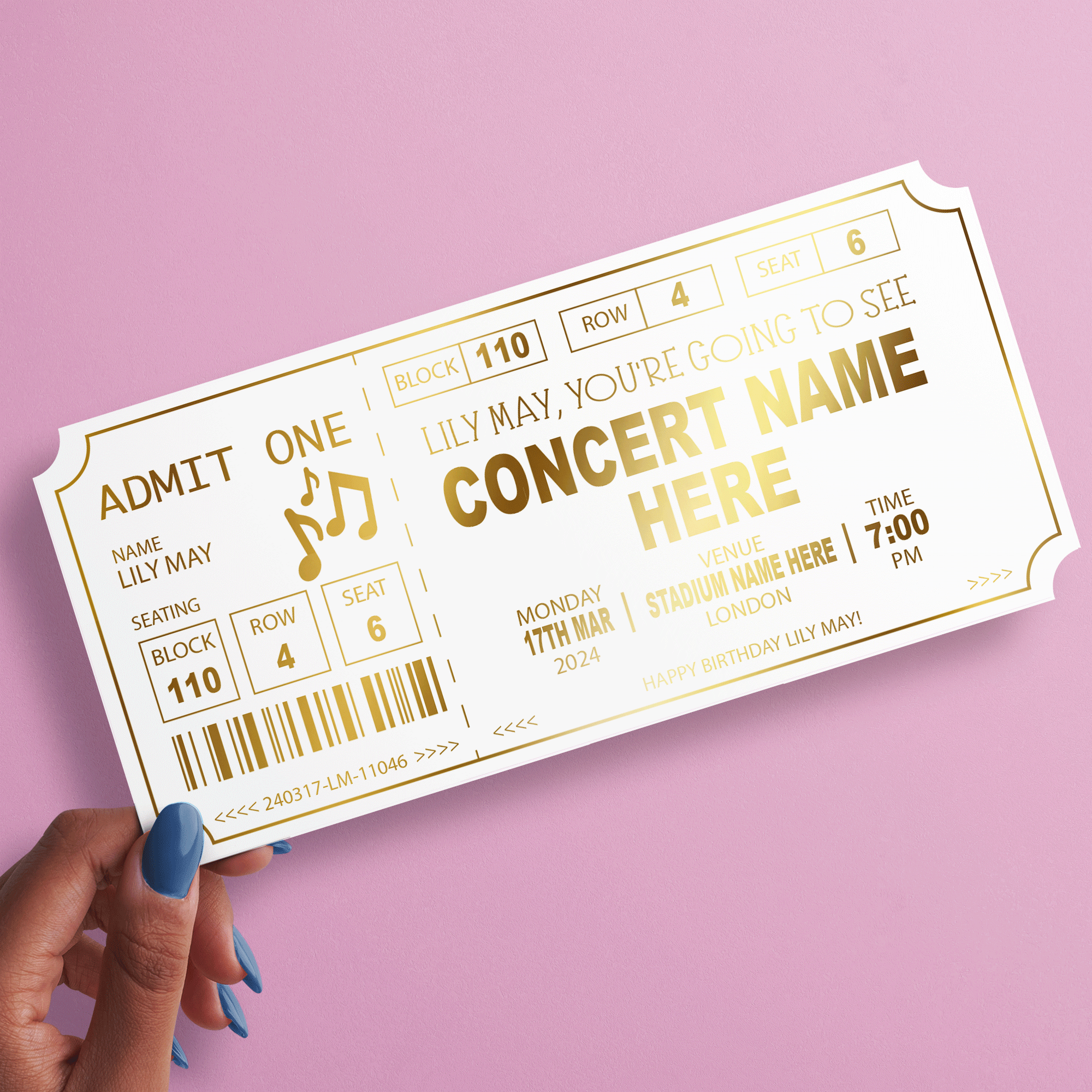 CONCERT Personalised Foiled Ticket Ideal for a Special Event or Trip (FOIL-2)