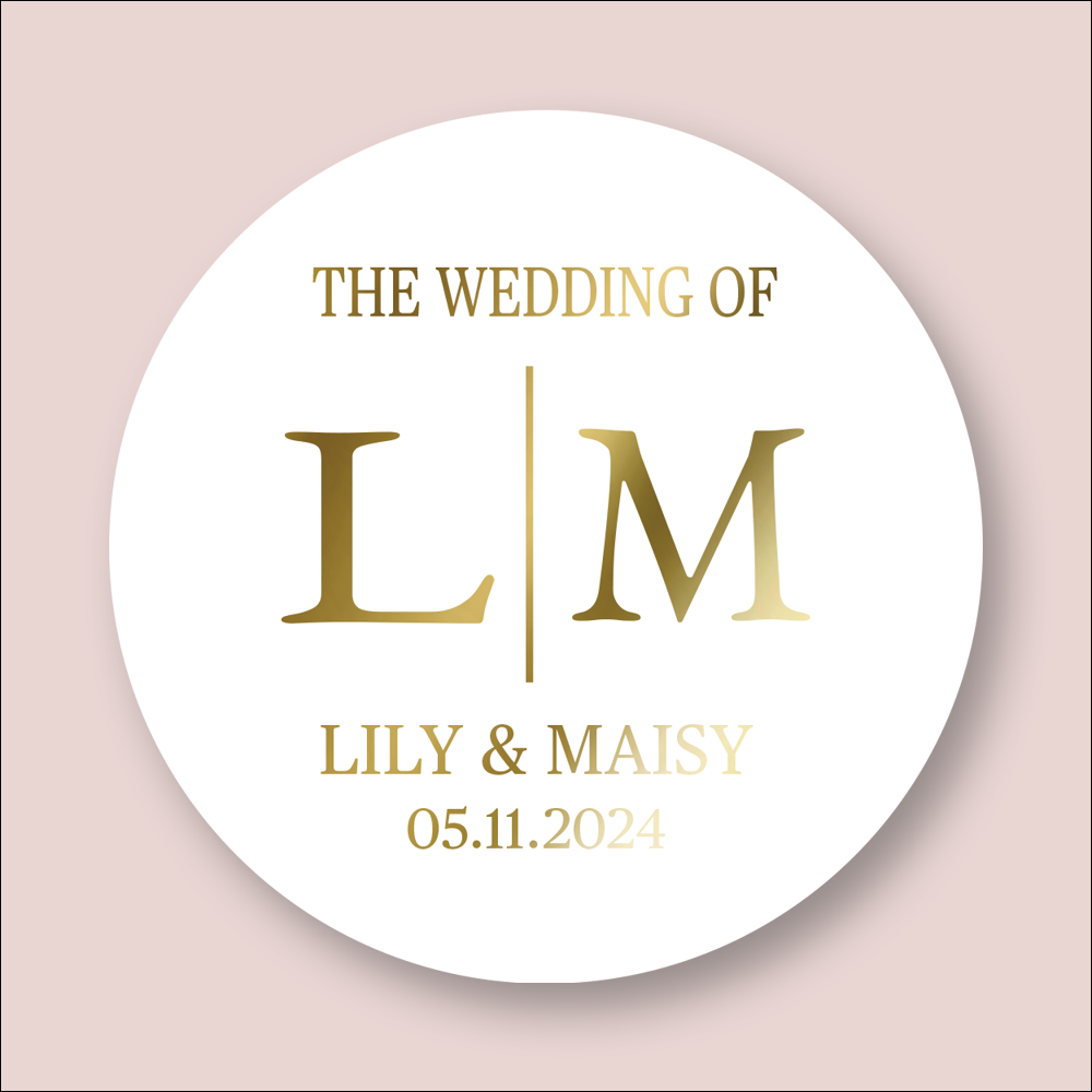 INITIALS, Wedding Personalised Round Foiled Stickers (STK-FOIL-17)