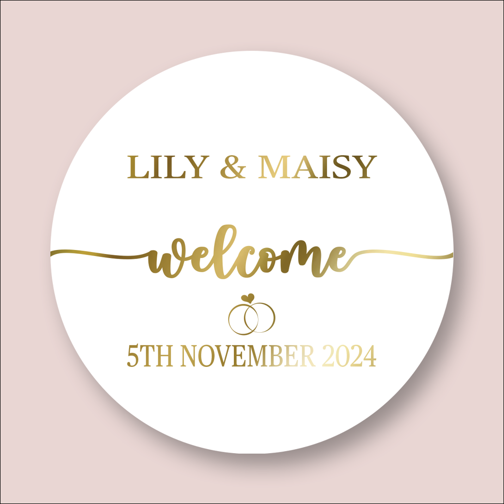 WELCOME, Wedding Personalised Round Foiled Stickers (STK-FOIL-18)