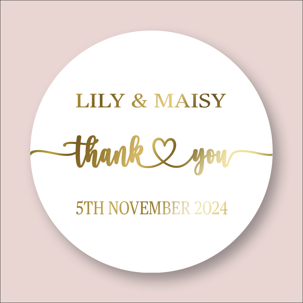 THANK YOU, Wedding Personalised Round Foiled Stickers (STK-FOIL-19)