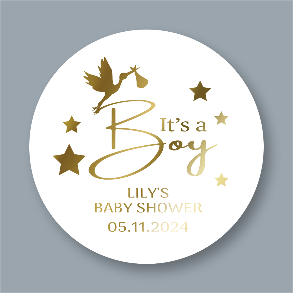 ITs A BOY, Baby Shower, Round Foiled Stickers (STK-FOIL-27)