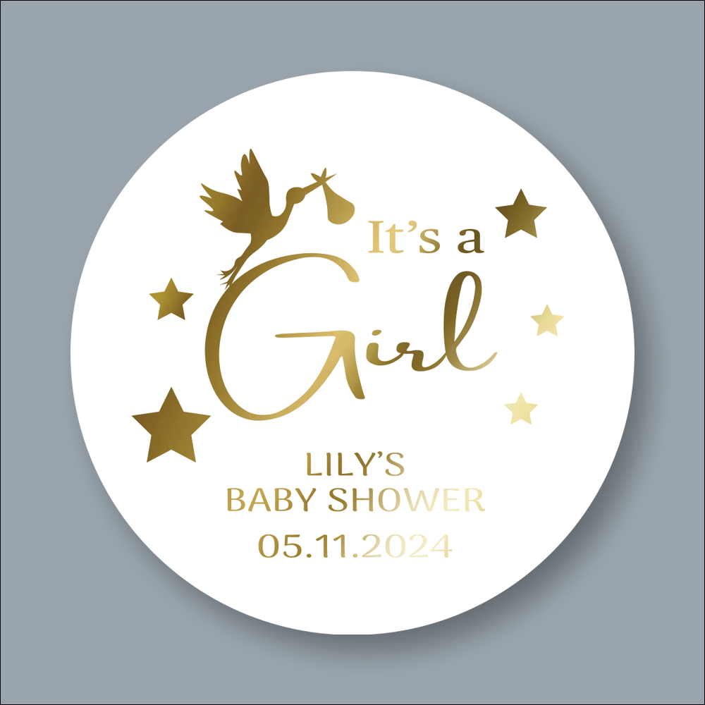 ITs A GIRL, Baby Shower, Round Foiled Stickers (STK-FOIL-28)