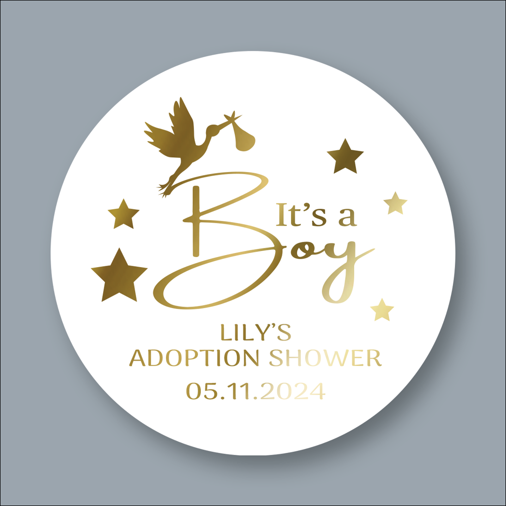 ITs A BOY, Adoption Shower, Round Foiled Stickers (STK-FOIL-30)