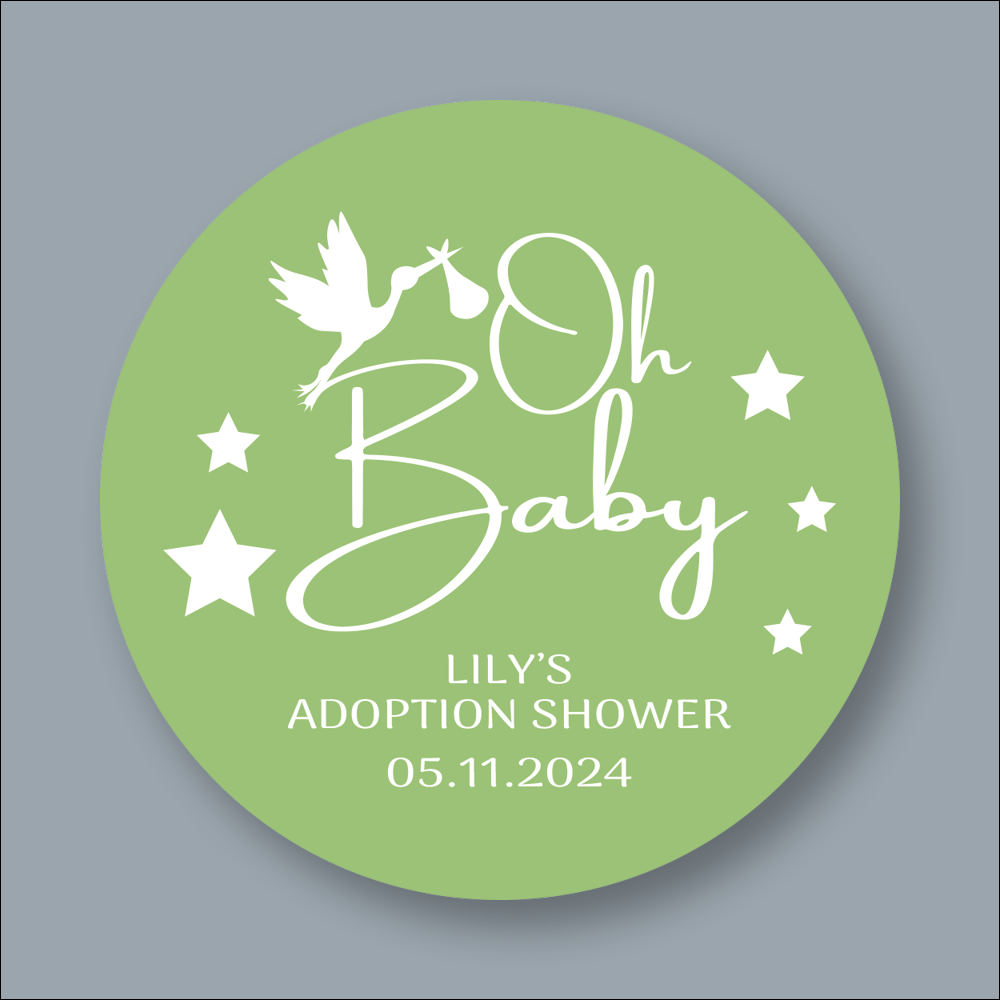 OH BABY, Adoption Baby Shower, Personalised Round Foiled Stickers (STK-INK-B-1)