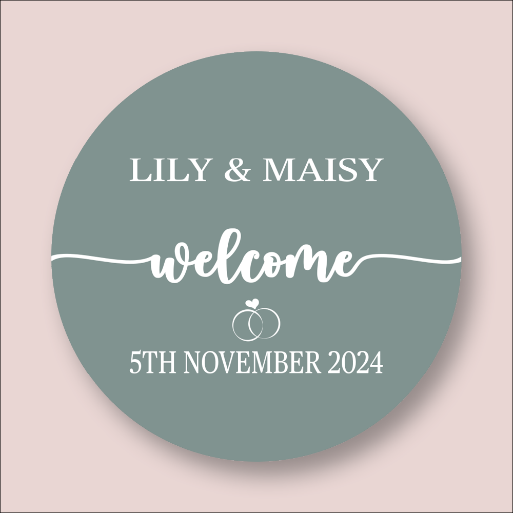 WELCOME, Wedding Personalised Round Printed Stickers (STK-INK-P-18)