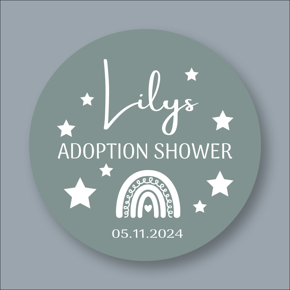 ADOPTION SHOWER, Personalised Round Foiled Stickers (STK-INK-P-3)